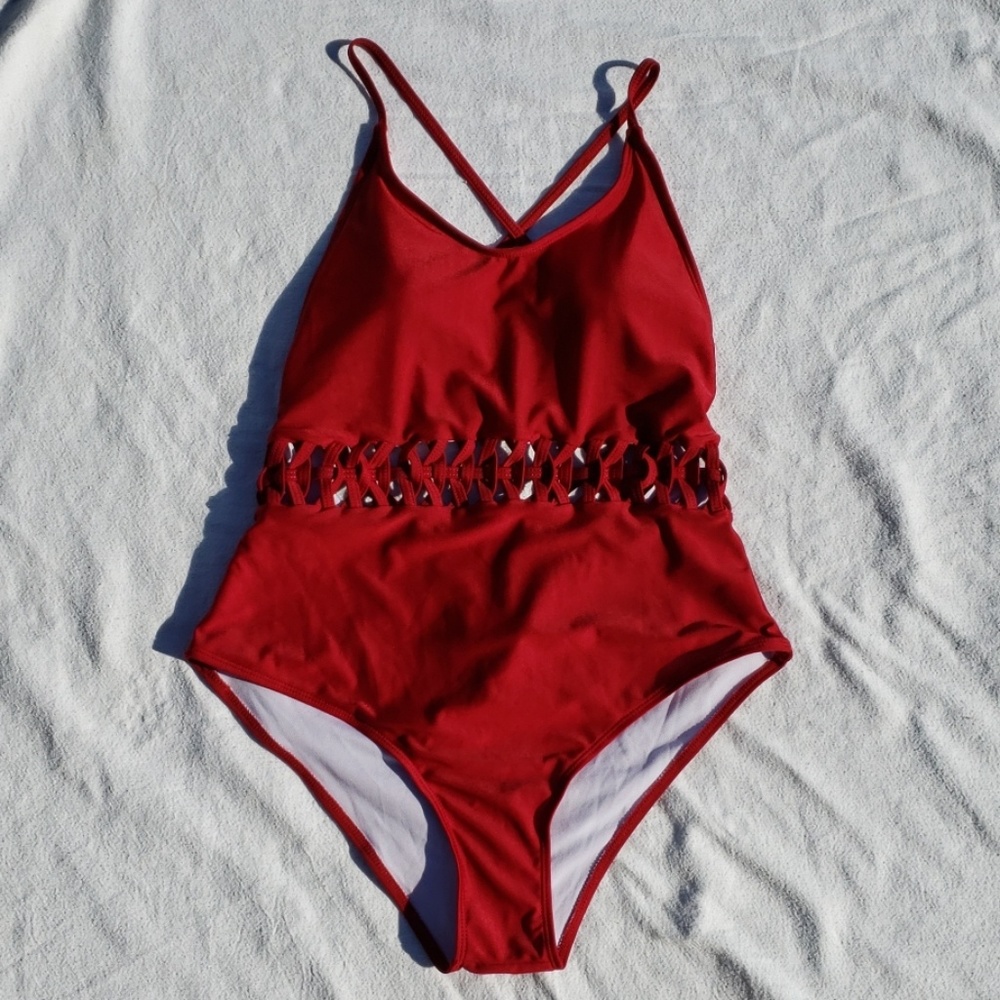 One Piece Red Braided Cut Out Middle Swimsuit XL